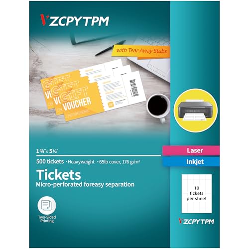 500 bedruckbare Tickets mit Abreißstummeln, 4,4 x 14,9 cm, benutzerdefinierte Tombola-Tickets für Veranstaltungen, Blanko-Tickets für Laser- und Tintenstrahldrucker von VZCPYTPM