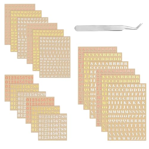 VZU 18 Blätter Kleine Buchstabenaufkleber, Klebebuchstaben, Mini Buchstaben Aufkleber, Metallbuchstaben & Zahlen Aufkleber, Selbstklebende Glitter Sticker für Harz Scrapbooking (Gold, Silber, Rosé) von VZU