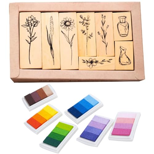 8 holzstempel, Prägestempel mit 6 Stempelkissen, Stempelset, Blumenstempel, Embossing Stempel, Blumen Stempel Holz mit Naturpflanzen Mustern, für Basteln Geschenkanhänger, DIY Fotoalben, Sammelalben von VZU