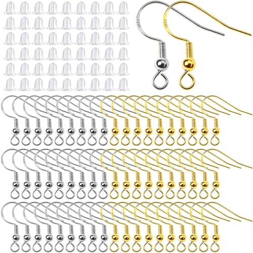 VZUHSW 200 Stück 925 Versilberte Ohrringhaken Hypoallergene Ohrhaken für Die Herstellung von DIY Ohrringen mit Durchsichtigen Ohrring Sicherheitsrücken und Biegeringen (Silber und Gold) von VZUHSW