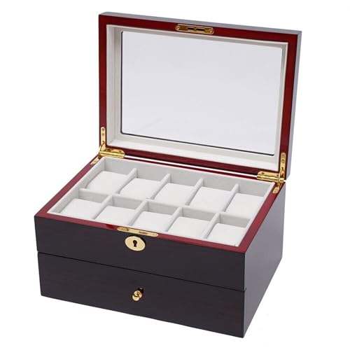 VZXATYOP Luxuriöse langlebige Schmuckschatulle aus Holz mit Glasplatte und verschließbarer Vitrine zur Aufbewahrung von Uhren Ringen und Halsketten(2 Tier - 20 Slots) von VZXATYOP