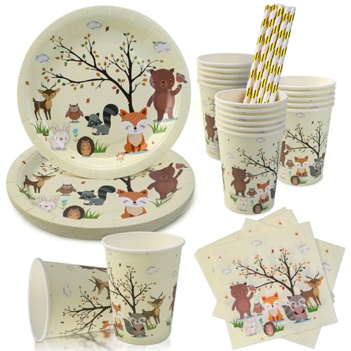 VZXZXE 64 Stück waldtiere Partygeschirr Set, waldtiere geburtstag deko, dschungel party Kindergeburtstag Besteck Enthält Teller, Servietten, Tassen, Strohhalme(für 16 Gäste) von VZXZXE