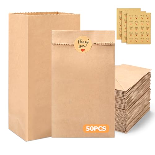 50 Stück kraftpapier tüten 9x18x5.5cm papiertüten klein mit 50 Aufkleber Butterbrottüten DIY Süßigkeiten Beutel Mitgebsel Tüten für Ramadan Kalender Ostern Hochzeit Geburtstag(50) von VZZNN