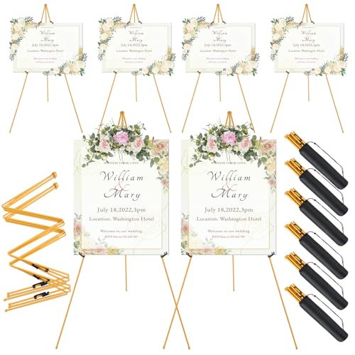 Staffelei-Ständer für Hochzeitsschilder und Poster, 160 cm, zusammenklappbar und verstellbar, Metall-Staffeleien für Display-Malerei, Kunst, mit tragbarer Tasche, goldfarben, 6 Stück von VZZNN