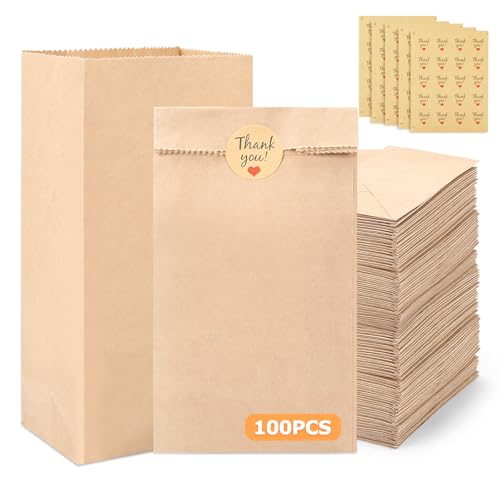 VZZNN 100 Stück kraftpapier tüten 9x18x5.5cm papiertüten klein mit 100 Aufkleber Butterbrottüten DIY Süßigkeiten Beutel Mitgebsel Tüten für Ramadan Kalender Ostern Hochzeit Geburtstag (100) von VZZNN