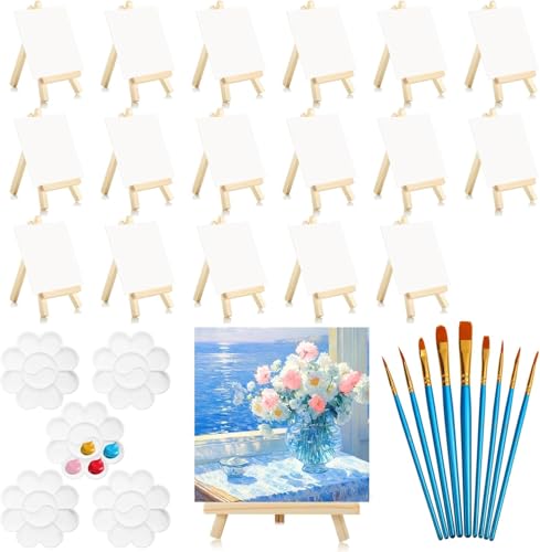 Vabrloy 20 Stück Mini Leinwand mit Mini Staffelei, 10x10 cm Mini Holz Dekoration Staffelei mit 10 Pinsel & 5 Paint Tray,Tischstaffelei Holz Leinwand Ständer Set für Malerei zum Zeichnen Tisch Deko von Vabrloy