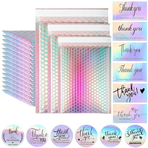 Vabrloy 50 Stück Luftpolsterumschläge Holographisch,mit 50 Dankeskarten,Poly Bubble Mailer,Selbstklebende Versandtaschen mit Luftpolsterfolie,Gepolsterte Umschläge für Verpackung Aufbewahrung,3 Größen Vabrloy 50 Stück Luftpolsterumschläge Holographisch,mit 50 Dankeskarten,Poly Bubble Mailer,Selbstklebende Versandtaschen mit Luftpolsterfolie,Gepolsterte Umschläge für Verpackung Aufbewahrung,3 Größen von Vabrloy