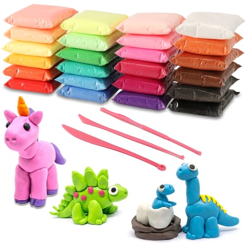 Vabrloy Modelliermasse Kit,24 Farben Polymer Clay Set,DIY Kinder Knete Set mit 3 Schnitzwerkzeugen,Ultraleicht Kinderknete,Modelliermasse Lufttrocknend Geschenk für Jungen und Mädchen von Vabrloy