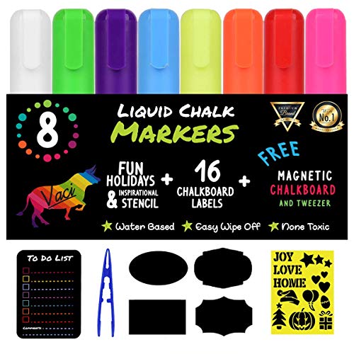 Vaci Markers Chalk Markers by Vaci, Pack of 8 + Magnetic Chalkboard + Drawing Stencils + 16 Labels, Premium Liquid Chalkboard Neon Pens, Bullet or Chisel Reversible Tips von Vaci Markers