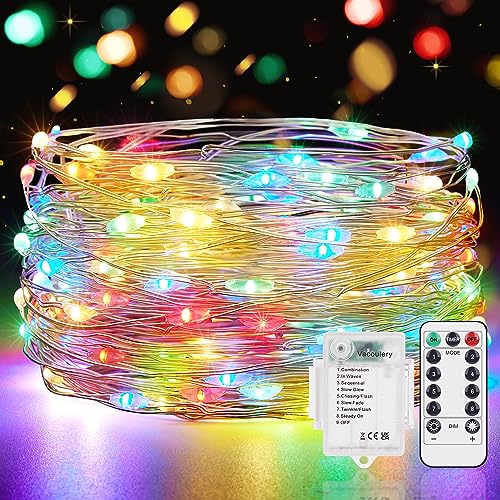 LED Lichterkette Batterie Bunt, 1 Stück 100 LED Lichterkette 10M Timer Lichterkette Draht 8 Programm Wasserdichte Kupferdraht Lichterkette für Zimmer Party Weihnachten Halloween Deko von Vacoulery