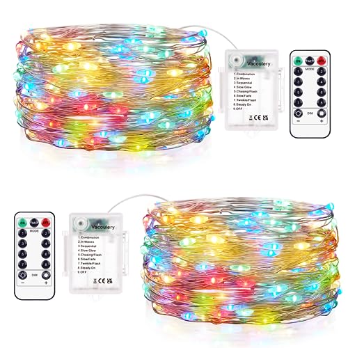 LED Lichterkette Batterie Bunt, 2 Stück 100 LED Lichterkette 10M Timer Lichterkette Draht 8 Programm Wasserdichte Kupferdraht Lichterkette für Zimmer Party Weihnachten Halloween Deko von Vacoulery