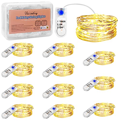 LED Lichterkette Batterie mit Timer, Kupfer Drahtlichterkette 2M 20LED Weihnachtsbeleuchtung Batteriebetrieben für Flasche, Urlaub, Innen, Außen, Hochzeit, DIY, Party Deko(Warmweiß, 12 Stück) von Vacoulery