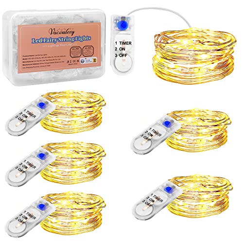 LED Lichterkette Batterie mit Timer, Kupfer Drahtlichterkette 2M 20LED Weihnachtsbeleuchtung Batteriebetrieben für Flasche, Urlaub, Innen, Außen, Hochzeit, DIY, Party Deko(6 Stück, Warmweiß) von Vacoulery