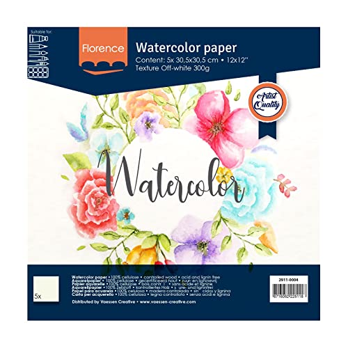 Florence 2911-0004 Aquarellpapier 30,5 x 30,5 cm in Elfenbein Weiß, aus 300 g/m² Strukturiertem Papier, 5 Blatt für Scrapbooking, Aquarellmalerei, Handlettering und Brush Lettering, 5 stück Florence 2911-0004 Aquarellpapier 30,5 x 30,5 cm in Elfenbein Weiß, aus 300 g/m² Strukturiertem Papier, 5 Blatt für Scrapbooking, Aquarellmalerei, Handlettering und Brush Lettering, 5 stück von Vaessen Creative