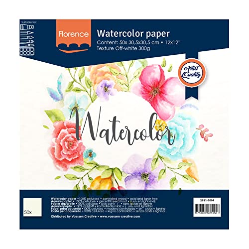 Florence 2911-1004 Aquarellpapier 30,5 x 30,5 cm in Elfenbein Weiß, aus 300 g/m² Strukturiertem Papier, 50 Blatt für Scrapbooking, Aquarellmalerei, Handlettering und Brush Lettering, stück Florence 2911-1004 Aquarellpapier 30,5 x 30,5 cm in Elfenbein Weiß, aus 300 g/m² Strukturiertem Papier, 50 Blatt für Scrapbooking, Aquarellmalerei, Handlettering und Brush Lettering, stück von Vaessen Creative