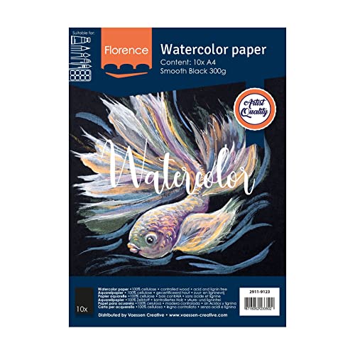 Florence Aquarellpapier Glatt - Zeichenblock für Aquarellfarben A4 - Schwarz - Malblock für Wasserfarben - Künstlerbedarf und Scrabooking - 300 gsm von Vaessen Creative