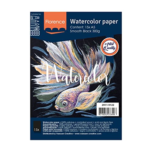 Florence Aquarellpapier Glatt - Zeichenblock für Aquarellfarben A5 - Schwarz - Malblock für Wasserfarben - Künstlerbedarf und Scrabooking - 300 gsm Florence Aquarellpapier Glatt - Zeichenblock für Aquarellfarben A5 - Schwarz - Malblock für Wasserfarben - Künstlerbedarf und Scrabooking - 300 gsm von Vaessen Creative