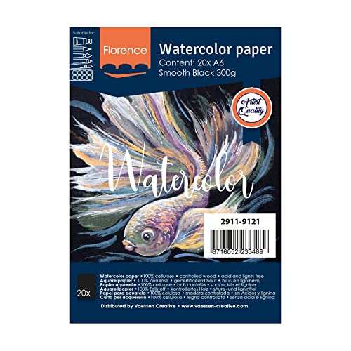 Florence Aquarellpapier Glatt - Zeichenblock für Aquarellfarben A6 - Schwarz - Malblock für Wasserfarben - Künstlerbedarf und Scrabooking - 300 gsm von Vaessen Creative