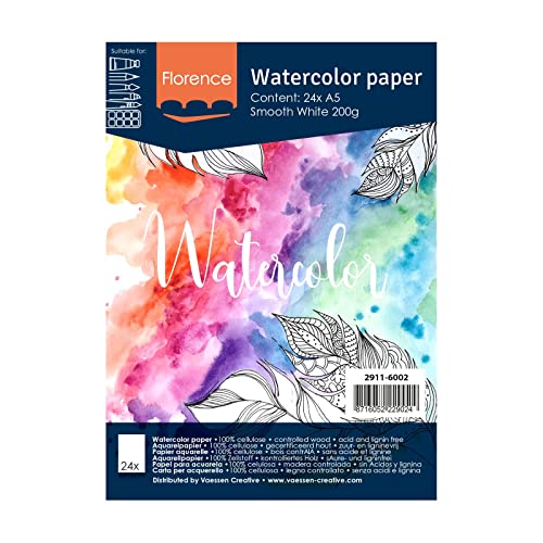 Florence 2911-6002 Vaessen Creative Aquarellpapier, A5, Weiß, 200 g/m² Glattes Papier, 24 Blatt für Aquarellmalerei, Handlettering und Brush Lettering, stück von Vaessen Creative