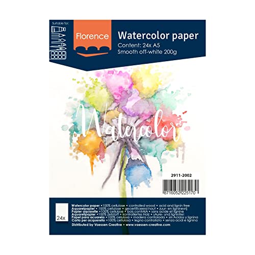 Vaessen Creative Florence Aquarellpapier, Heißgepresst, A5, elfenbeinfarben, 200 g/m², Künstlerqualität, glatt, 24 Blatt zum Malen, Handlettering, Kunstprojekte und mehr von Vaessen Creative
