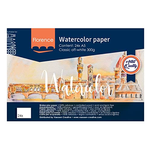 Florence Glattes Aquarellpapier Zeichenblock, Off White, 300 Gramm/m², 24 Stück, DIN A5, Skizzenbuch für Aquarellmalerei, Handlettering, Brush Lettering und andere Papierbasteleien, 2911-9202 von Vaessen Creative