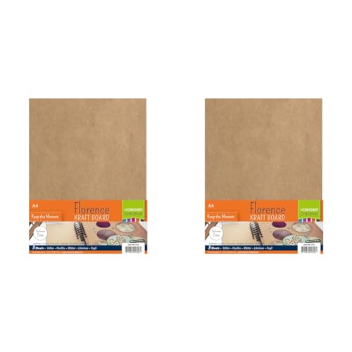 Florence Kraft Board Dicker Bastelkarton 2 mm stark, 3 Blätter Chipboard A4, Buchbinderpappe, Graukarton für Scrapbooking, selbstgemachte Bücher und Fotoalben, Kraftbraun (Packung mit 2) von Vaessen Creative