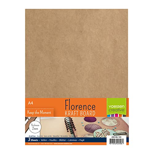 Florence Kraft Board Dicker Bastelkarton 2 mm stark, 3 Blätter Chipboard A4, Buchbinderpappe, Graukarton für Scrapbooking, selbstgemachte Bücher und Fotoalben, Kraftbraun von Vaessen Creative