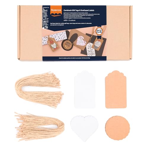 Florence Tonkarton Geschenkanhänger & Etiketten mit Wellenrand - Kraft und Weiß - 200 Stück - Set mit Etiketten, Kreise und Herzen- Blanko Danke Anhänger und Kraft Anhänger - Inklusive Juteschnur von Vaessen Creative