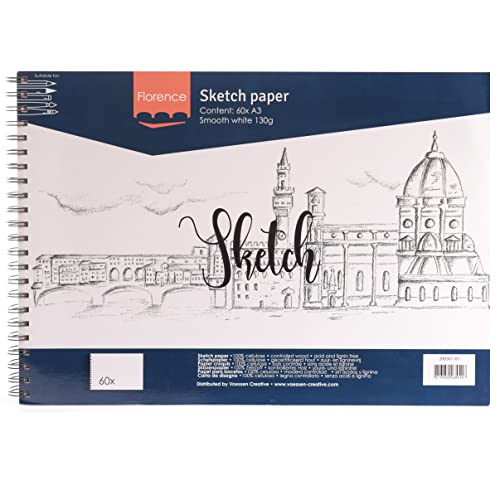 Florence 200307-01 Vaessen Creative Skizzenpapier A3-Weiß-60 Stück-130 g/m² -Zeichnenblock für Bleistift, Graphit & Tinte-Hochwertiges Kreativpapier für Skizzen, Weiß, A3 von Vaessen Creative