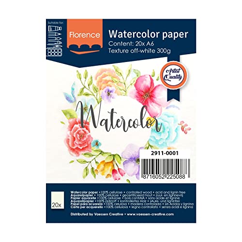 Florence 2911-0001 Aquarellpapier A6 in Elfenbein Weiß, aus 300 g/m² Strukturiertem Papier, 20 Blatt für Aquarellmalerei, Handlettering und Brush Lettering, stück Florence 2911-0001 Aquarellpapier A6 in Elfenbein Weiß, aus 300 g/m² Strukturiertem Papier, 20 Blatt für Aquarellmalerei, Handlettering und Brush Lettering, stück von Vaessen Creative