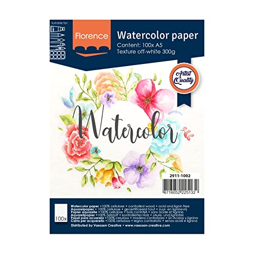 Florence 2911-1002 Aquarellpapier A5 in Elfenbein Weiß, aus 300 g/m² Strukturiertem Papier, 100 Blatt für Aquarellmalerei, Handlettering und Brush Lettering, stück Florence 2911-1002 Aquarellpapier A5 in Elfenbein Weiß, aus 300 g/m² Strukturiertem Papier, 100 Blatt für Aquarellmalerei, Handlettering und Brush Lettering, stück von Vaessen Creative