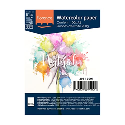 Florence 2911-3001 Aquarellpapier A6 in Elfenbein Weiß, aus 200 g/m² Glattem Papier, 100 Blatt für Aquarellmalerei, Handlettering und Brush Lettering, stück von Vaessen Creative