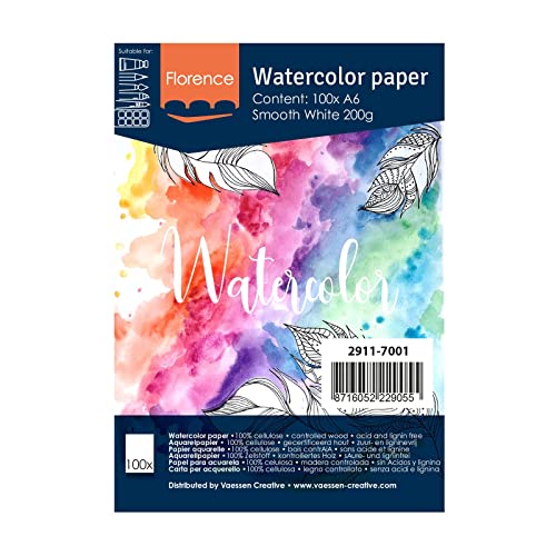 Florence 2911-7001 Vaessen Creative Aquarellpapier, A6, Weiß, 200 g/m² Glattes Papier, 100 Blatt für Aquarellmalerei, Handlettering und Brush Lettering, stück von Vaessen Creative