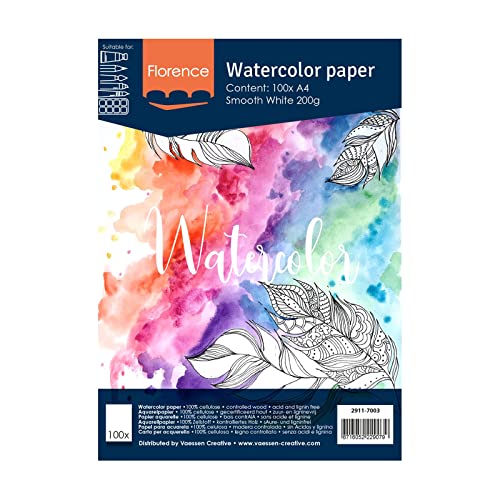 Florence 2911-7003 Vaessen Creative Aquarellpapier, A4, Weiß, 200 g/m² Glattes Papier, 100 Blatt für Aquarellmalerei, Handlettering und Brush Lettering, stück von Vaessen Creative