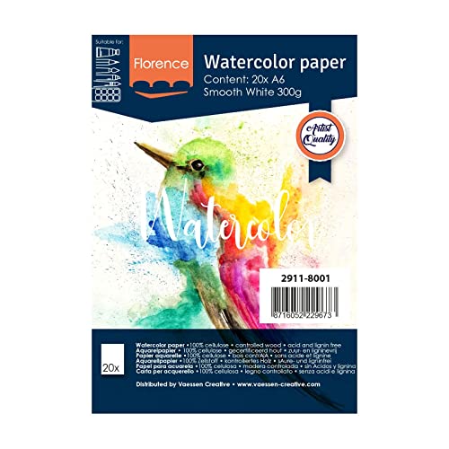 Florence Aquarellpapier A6 in Weiß, aus 300 g/m² Glattem Papier, 20 Blatt für Aquarellmalerei, Handlettering und Brush Lettering von Vaessen Creative