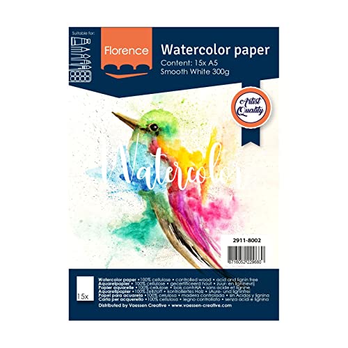 Vaessen Creative 2911-8002 Florence Aquarellpapier A5 in Weiß, aus 300 g/m² Glattem Papier, 15 Blatt für Aquarellmalerei, Handlettering und Brush Lettering, Canvas, stück von Vaessen Creative