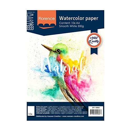 Florence 2911-8003 Aquarellpapier A4 in Weiß, aus 300 g/m² Glattem Papier, 10 Blatt für Aquarellmalerei, Handlettering und Brush Lettering, stück Florence 2911-8003 Aquarellpapier A4 in Weiß, aus 300 g/m² Glattem Papier, 10 Blatt für Aquarellmalerei, Handlettering und Brush Lettering, stück von Vaessen Creative
