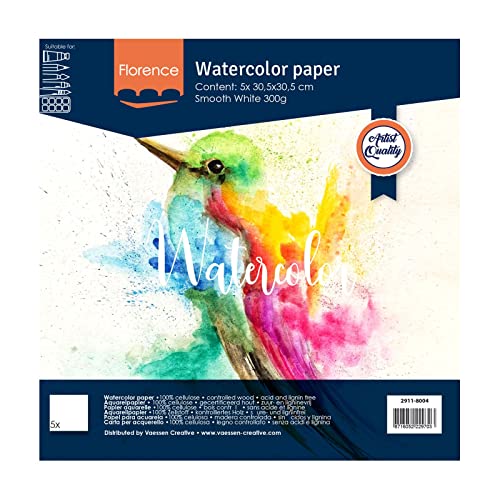 Florence 2911-8004 Aquarellpapier, 30,5 x 30,5 cm, Weiß, aus 300 g/m² Glattem Papier, 5 Blatt für Aquarellmalerei, Handlettering und Brush Lettering, stück Florence 2911-8004 Aquarellpapier, 30,5 x 30,5 cm, Weiß, aus 300 g/m² Glattem Papier, 5 Blatt für Aquarellmalerei, Handlettering und Brush Lettering, stück von Vaessen Creative
