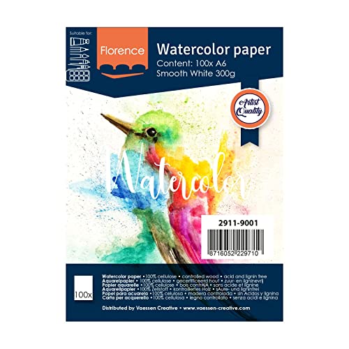 Florence 2911-9001 Glattes Aquarellpapier, Weiß, 300 Gramm/m², 100 Stück, DIN A6, für Aquarellmalerei, Handlettering, Brush Lettering und andere Papierbasteleien, Papier von Vaessen Creative