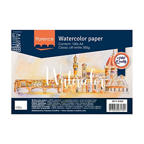 Vaessen Creative 2911-9302 Florence Glattes Aquarellpapier, Off White, 300 Gramm/m², 100 Stück, DIN A5, für Aquarellmalerei, Handlettering, Brush Lettering und andere Papierbasteleien, Papier Vaessen Creative 2911-9302 Florence Glattes Aquarellpapier, Off White, 300 Gramm/m², 100 Stück, DIN A5, für Aquarellmalerei, Handlettering, Brush Lettering und andere Papierbasteleien, Papier von Vaessen Creative