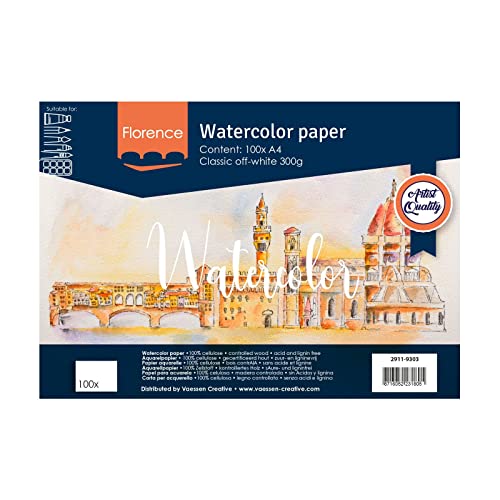 Vaessen Creative 2911-9303 Florence Glattes Aquarellpapier, Off White, 300 Gramm/m², 100 Stück, DIN A4, für Aquarellmalerei, Handlettering, Brush Lettering und andere Papierbasteleien, Papier Vaessen Creative 2911-9303 Florence Glattes Aquarellpapier, Off White, 300 Gramm/m², 100 Stück, DIN A4, für Aquarellmalerei, Handlettering, Brush Lettering und andere Papierbasteleien, Papier von Vaessen Creative