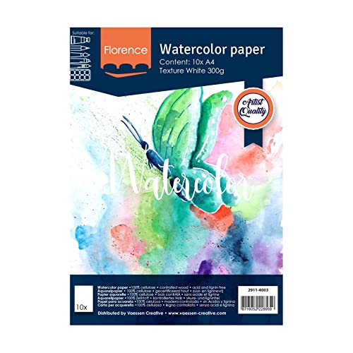 Vaessen Creative Florence Aquarellpapier A4, Weiß, 300 g/m² Strukturiertes Papier, 15 Blatt für Aquarellmalerei, Handlettering und Brush Lettering von Vaessen Creative