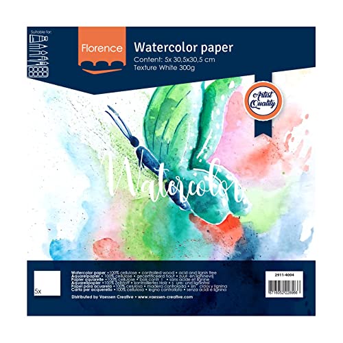 Vaessen Creative Florence Aquarellpapier A5, Weiß, 300 g/m² Strukturiertes Papier, 5 Blatt für Aquarellmalerei, Handlettering und Brush Lettering von Vaessen Creative