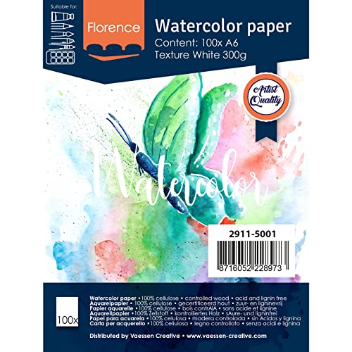 Vaessen Creative Florence Aquarellpapier A6, Weiß, 300 g/m² Strukturiertes Papier, 100 Blatt für Aquarellmalerei, Handlettering und Brush Lettering von Vaessen Creative