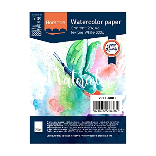 Vaessen Creative Florence Aquarellpapier A6, Weiß, 300 g/m² Strukturiertes Papier, 100 Blatt für Aquarellmalerei, Handlettering und Brush Lettering von Vaessen Creative