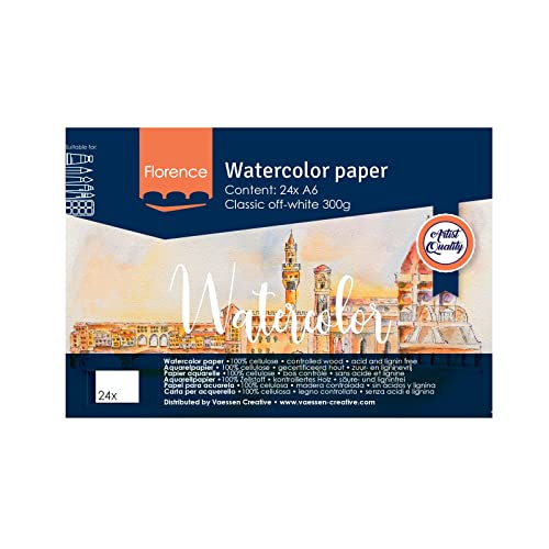 Florence Glattes Aquarellpapier Zeichenblock, Off White, 300 Gramm/m², 24 Stück, DIN A6, Skizzenbuch für Aquarellmalerei, Handlettering, Brush Lettering und andere Papierbasteleien, 2911-9201, Weiß von Vaessen Creative