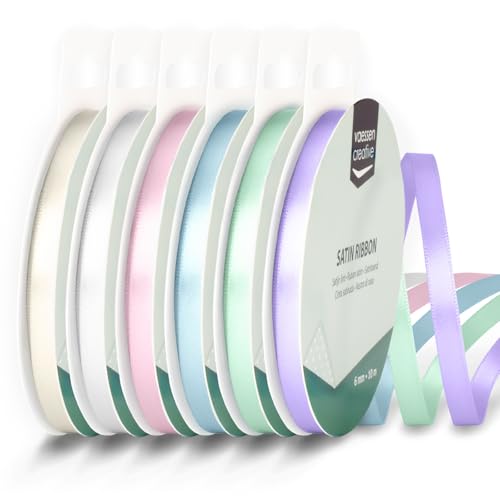 Vaessen Creative Satinband 6 mm x 10 m - Doppelseitiger Schleifenbänder und Dekoband zum Basteln - Geschenkband und Stoffbänder für Deko und Schateln - Babyparty/Kommunion Farben Bunt - 6 Stück von Vaessen Creative
