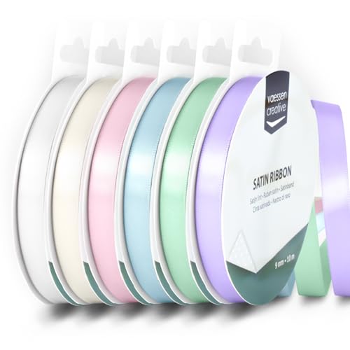 Vaessen Creative Satinband 9 mm x 10 m - Doppelseitiger Schleifenbänder und Dekoband zum Basteln - Geschenkband und Stoffbänder für Deko und Schateln - Babyparty/Kommunion Farben Bunt - 6 Stück von Vaessen Creative
