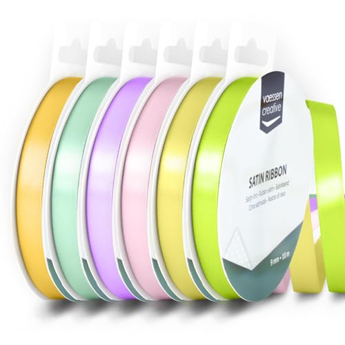 Vaessen Creative Satinband 9 mm x 10 m - Doppelseitiger Schleifenbänder und Dekoband zum Basteln - Geschenkband und Stoffbänder für Deko und Schateln - Frühling Farben Bunt - 6 Stück von Vaessen Creative
