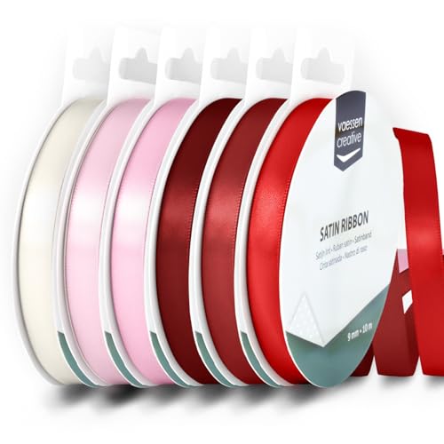 Vaessen Creative Satinband 9 mm x 10 m - Doppelseitiger Schleifenbänder und Dekoband zum Basteln - Geschenkband und Stoffbänder für Deko und Schateln - Liebe/Valentinstag Farben Bunt - 6 Stück von Vaessen Creative